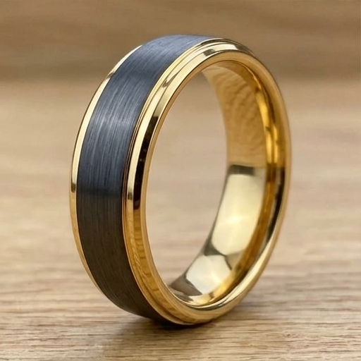 8 mm Black Tungsten/18 Kt Plated Yellow Gold Wedding Bands - M713C
