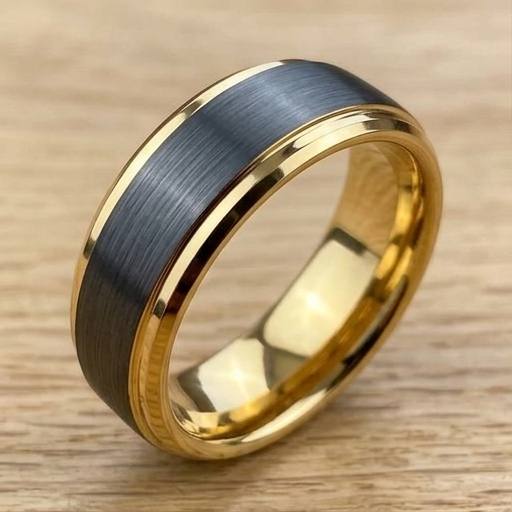 8 mm Black Tungsten/18 Kt Plated Yellow Gold Wedding Bands - M713C