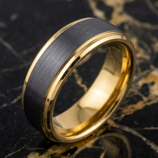 8 mm Black Tungsten/18 Kt Plated Yellow Gold Wedding Bands - M713C
