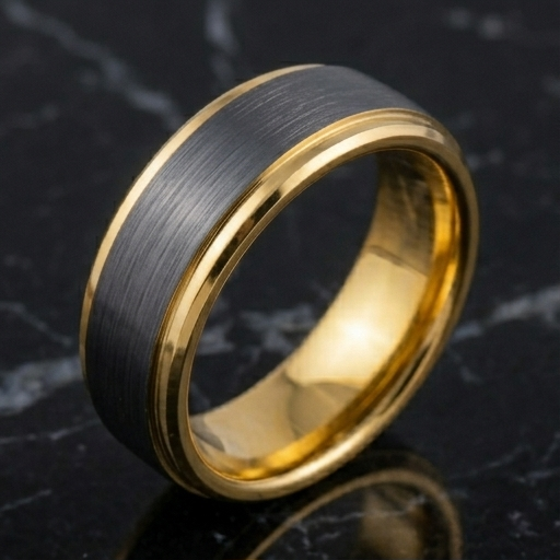 8 mm Black Tungsten/18 Kt Plated Yellow Gold Wedding Bands - M713C