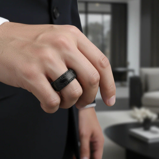 8 mm Black Titanium, Black Sapphires, Black Damascus Inlay - T199TR 8 mm Black Titanium, Black Sapphires, Black Damascus Inlay - T199TR