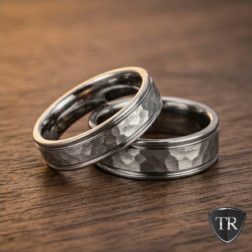 T049C - His/Her Rings Set - 18 kt White Gold Wedding Bands in 8 mm and 6 mm. His and Her Wedding Rings, Couples Rings Set, Comfort Fit.