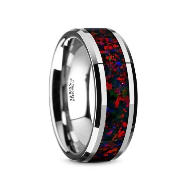 Mens Wedding Bands with Black/Red Opal - H949TR Mens Wedding Bands with Black/Red Opal - H949TR