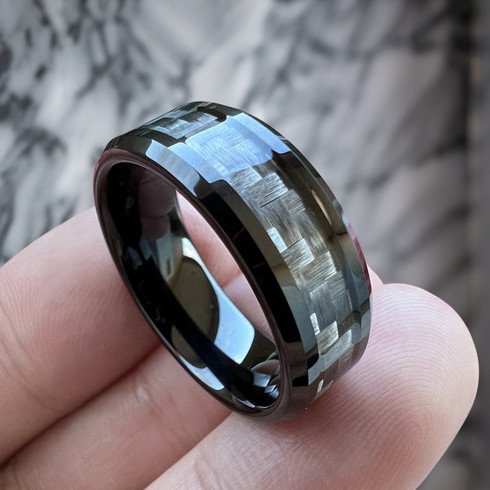 8 Mm Mens Wedding Bands, Carbon Fiber In Tungsten - N555C - Foto 8