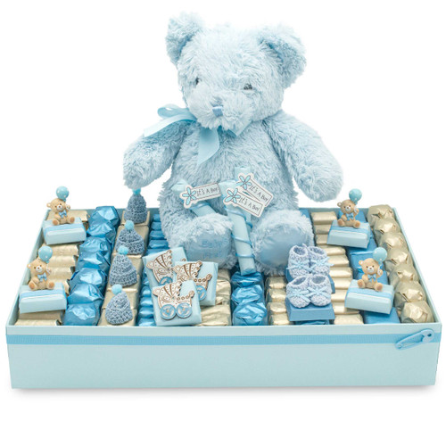 HAPPY BLUE TEDDY TRAY -  BABY GIFT ARRANGEMENTS Mirelli Chocolatier