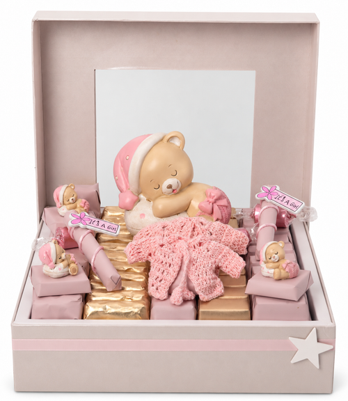 SLEEPING TEDDY - Window Chocolate Gift Box - Pink BABY GIRL Mirelli Chocolatier
