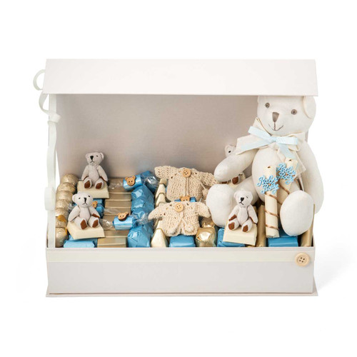 VINTAGE - Crochet Bear Baby Boy Gift Arrangement / Medium BABY Mirelli Chocolatier
