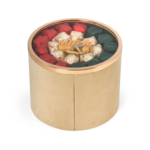Two-layer festive chocolate gift box with an ivory velvet finish and golden matte base, filled with an assortment of artisanal chocolates, perfect for holiday gifting.