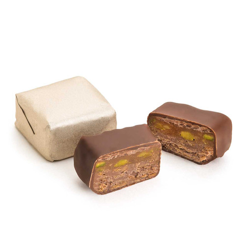 CHOCOLATE CARAMEL PISTACHIO WAFER / Per 4 Oz. (Approx. 5 PCs.) CHOCOLATE SOLD BY WEIGHT Mirelli Chocolatier