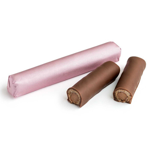 BATON WAFER - Biscuit Praline - Milk / Pink Wrapper / 4 oz. (Approx. 8 Pcs.) CHOCOLATE SOLD BY WEIGHT Mirelli Chocolatier