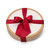 A round chocolate gift box with a white lid and gold trim, tied with a red bow, containing approximately 1.6 pounds of assorted premium chocolates for the holidays.