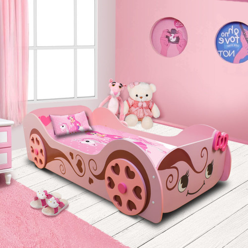 Cinderella Kids Racing Car Bed For Girls With Wooden Heart Shape Wheel In Pink