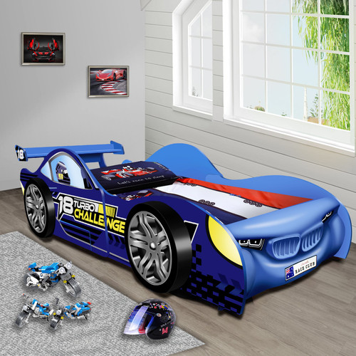 Blue Kids Racing Racer Night Car Bed Single Size - 0018