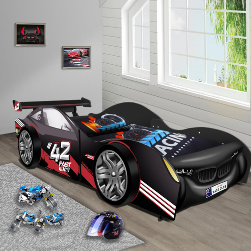 Black Kids Racing Racer Night Car Bed Single Size - 0042
