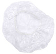 The bottom of a clear, plastic processing cape with a stretchy elastic band.