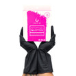 A pink and white box of Colortrak Reusable Gloves being held up by a pair of hands wearing black gloves.