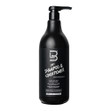 A 33.8 oz. black bottle of 2-in-1 shampoo and conditioner by level 3. It has a pump for easy distribution at the backbar.