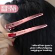 A set of 3 hair styling clips holding sections of hair on a client.
