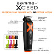 Infographic sharing highlights about the Gamma+ Xceed Trimmer, such as color combinations, X-Pro Blade, and Lithium Ion battery.