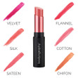 A shade chart showing all lip stick shades in the Bodyography Lips Retail Display.