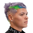 A man with short silver hair with steaks of green and blue Kray hair color. A man with short silver hair with steaks of green and blue Kray hair color.