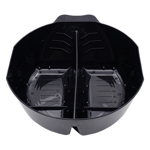 The inside of a black hair color bowl with a divider in the center for 2 side of color.