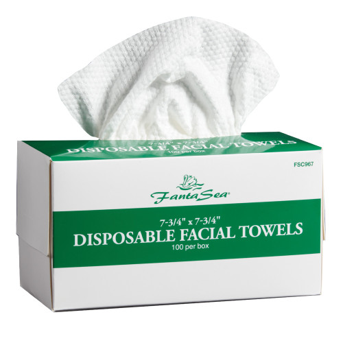 Box of 100 disposable facial towels in a pop-up, self dispensing cardboard container.