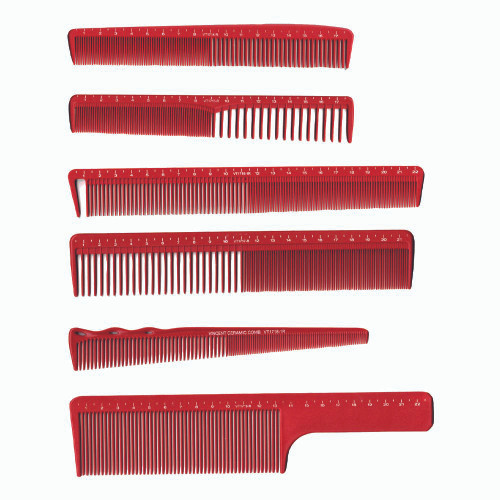 Collection of a Red Ceramic Combs in a variety of styles and sizes.