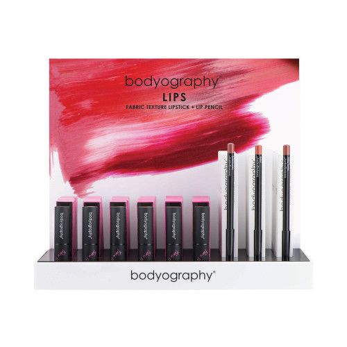 The  Bodyography Fabric Texture Lipstick & Lip Pencil Retail Display with 6 shades of lipsticks and 3 shades of lip pencils.