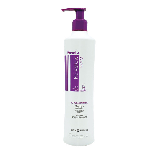 A white bottle with purple label and pump of Fanola No Yellow Purple Pigment Conditioning Mask.