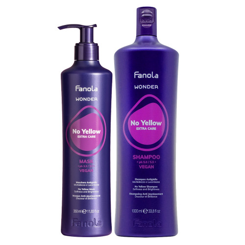 Two purple bottles of Wonder No Yellow Conditioning Mask, an 11.8 oz. bottle and a 33.8oz. bottle.