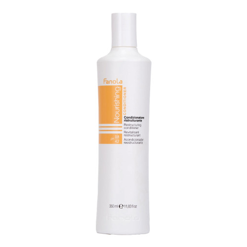 A white bottle with yellow label of Fanola Nourishing Restructuring Conditioner, 11.8 oz.