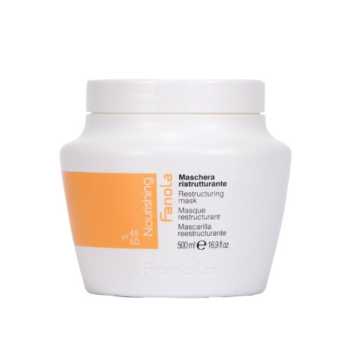 A white tub with yellow label of Fanola Nourishing Restructuring Mask, 16.9 oz. with screw top lid.
