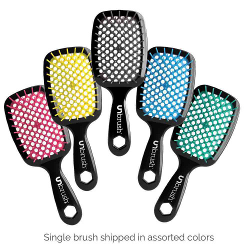 A group photo of the UNbrush with black handles and different color cushions, from left to right: Cherry Blossom, Sunburst, Moonlight Grey, Ocean, and Lagoon.