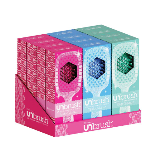 A pink cardboard retail display holding 12 UNbrush Glitter Detangling brushes.