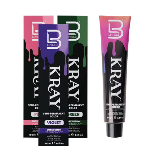 Pink, Violet, and Green boxes of Kray Semi-Permanent Hair Color. Pink, Violet, and Green boxes of Kray Semi-Permanent Hair Color.