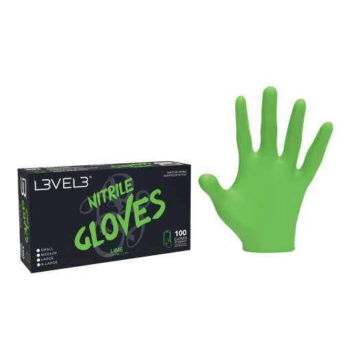 A black box with green text labeled Nitrile Gloves and a hand wearing a green glove.