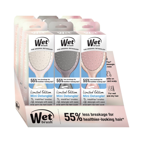The 9 piece retail display of the Wet Brush Iridescent Icon Mini Detangler Collection.
