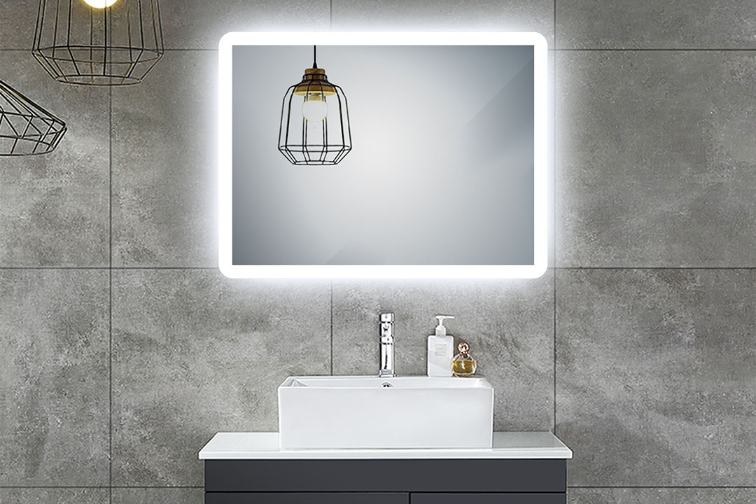 Big rectangular illuminated window in the bathroom