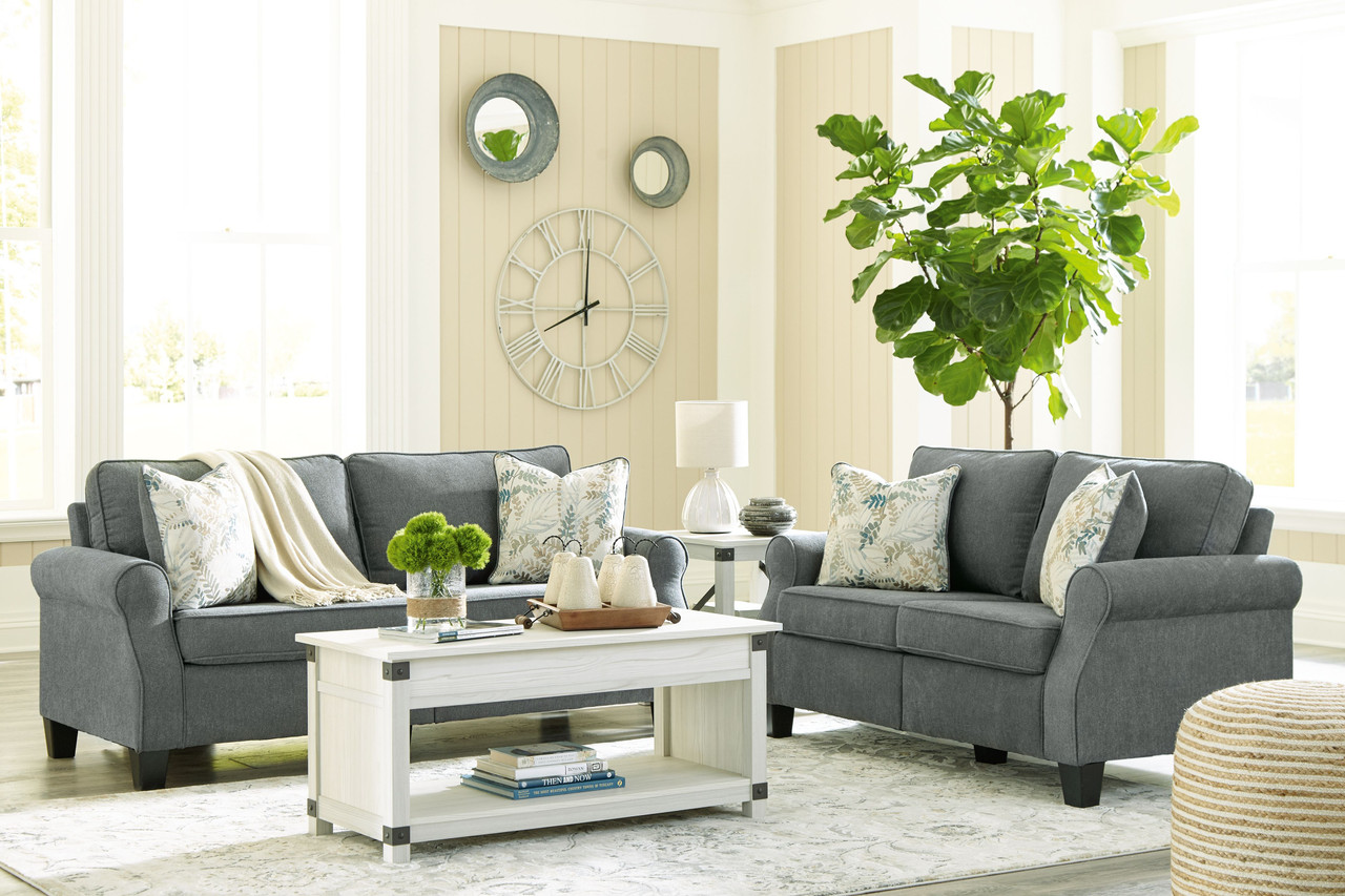 Alessio Charcoal 5 Pc. Sofa, Loveseat, Bayflynn Lift Top Cocktail Table, 2  End Tables