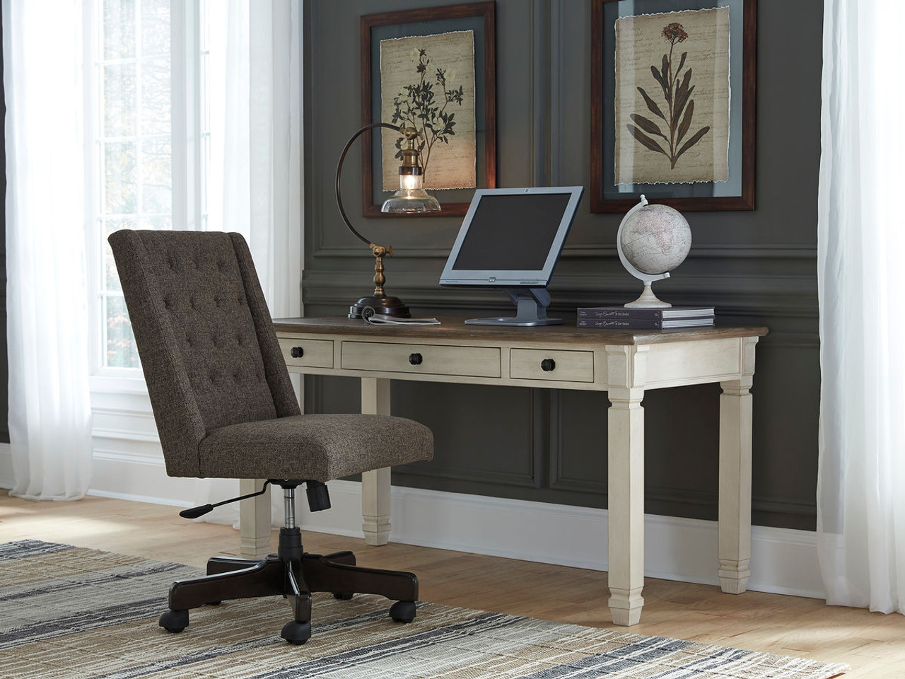 The Bolanburg White / Brown / Beige 2 Pc. Home Office Desk, Swivel Chair is  available at Discount Furniture Center proudly serving South Hill and  Farmville, VA and surrounding areas!