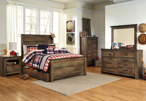 Trinell Brown 9 Pc. Dresser, Mirror, Full Panel Bed With 1 Large Storage Drawer, 2 Nightstands
