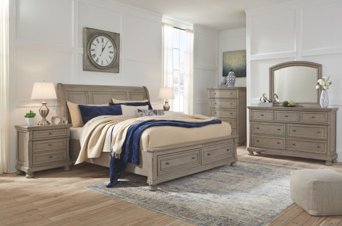 Lettner Light Gray 7 Pc. Dresser, Mirror, Queen Sleigh Bed With 2 Storage Drawers, 2 Nightstands