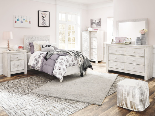 Paxberry Whitewash 5 Pc. Dresser, Mirror, Twin Panel Bed, Nightstand