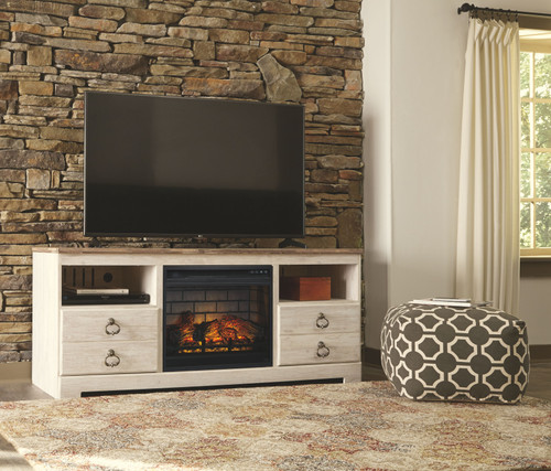 Willowton Whitewash 2 Pc. 64" TV Stand With Faux Firebrick Fireplace Insert