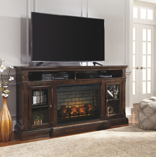 Roddinton Dark Brown 2 Pc. 74" TV Stand With Electric Infrared Fireplace Insert