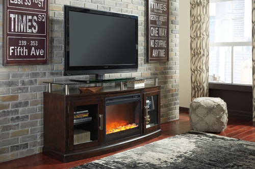 Chanceen Dark Brown 2 Pc. 60" TV Stand With Fireplace Insert Glass/Stone