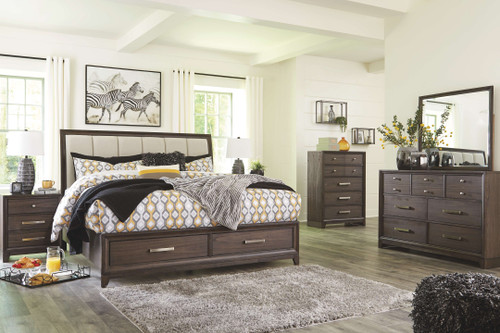 Brueban Rich Brown 6 Pc. Dresser, Mirror, Chest, California King Panel Bed With 2 Storage Drawers