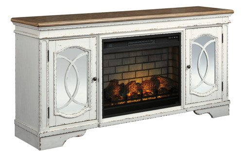 Realyn Chipped White 2 Pc. 74" TV Stand With Electric Infrared Fireplace Insert