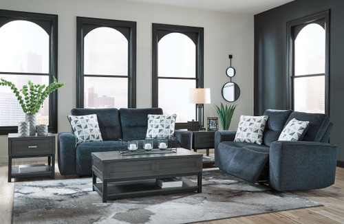 Cindy Crawford Emerson Park 7 Pc Denim Blue Chenille Fabric Living Room Set  With Sofa, Loveseat, 3 Pc Table Set, Table Lamp - Rooms To Go